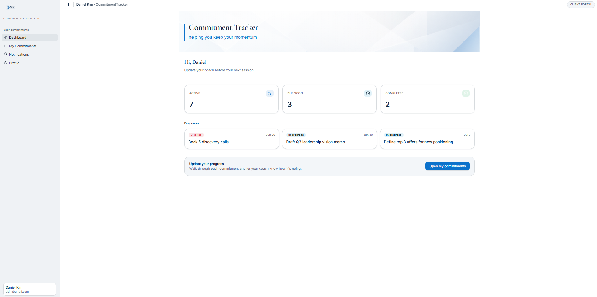 Commitment Tracker — client view showing active commitments, due soon, and progress dashboard