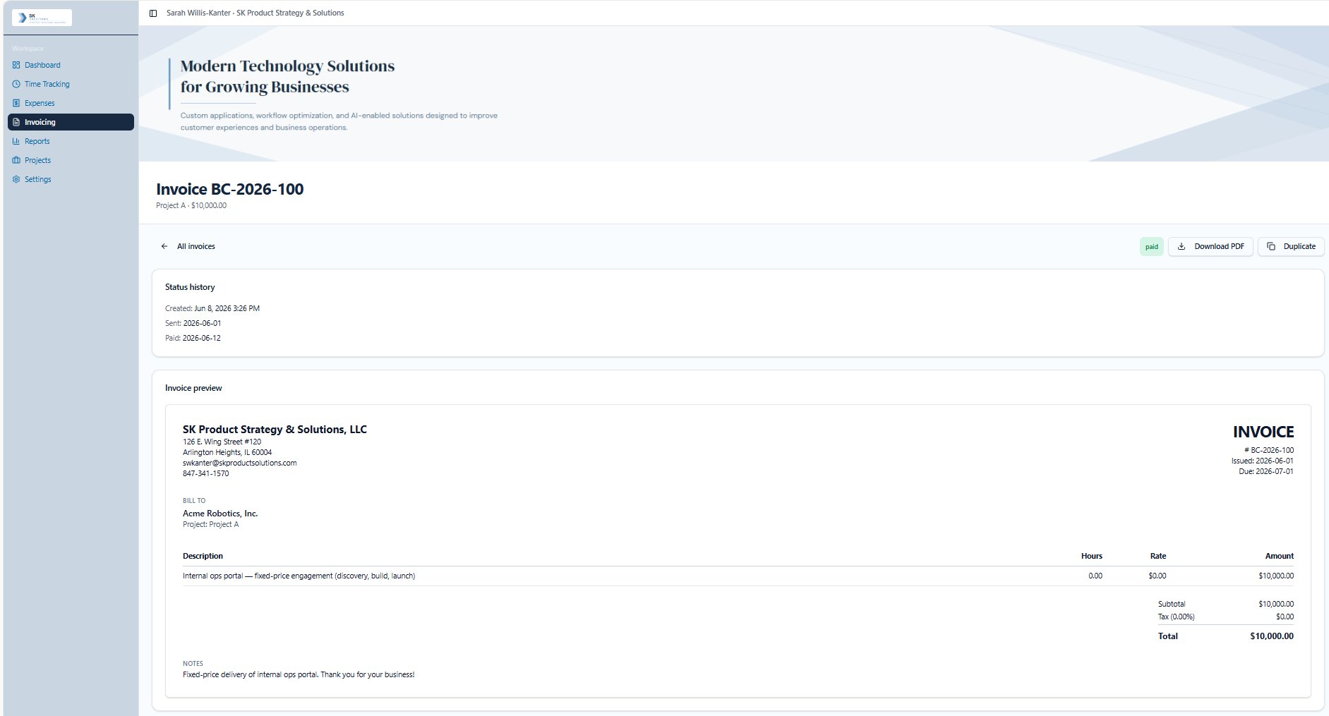 Invoice view showing paid invoice with status history and invoice preview