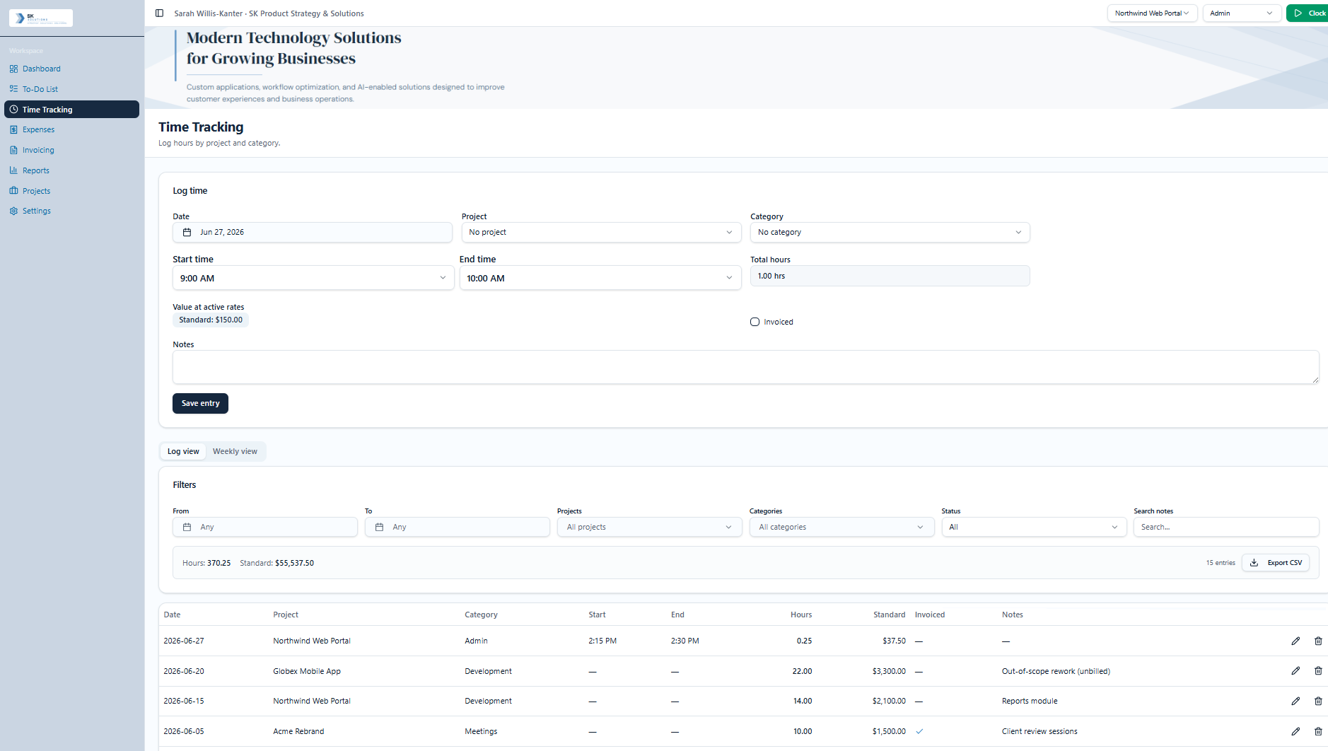 Time tracking view with clock in, project and category logging