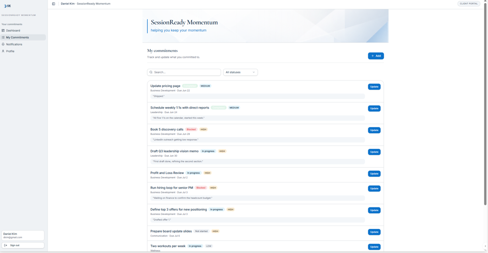 Client commitments list showing status, priority, and update button for each
