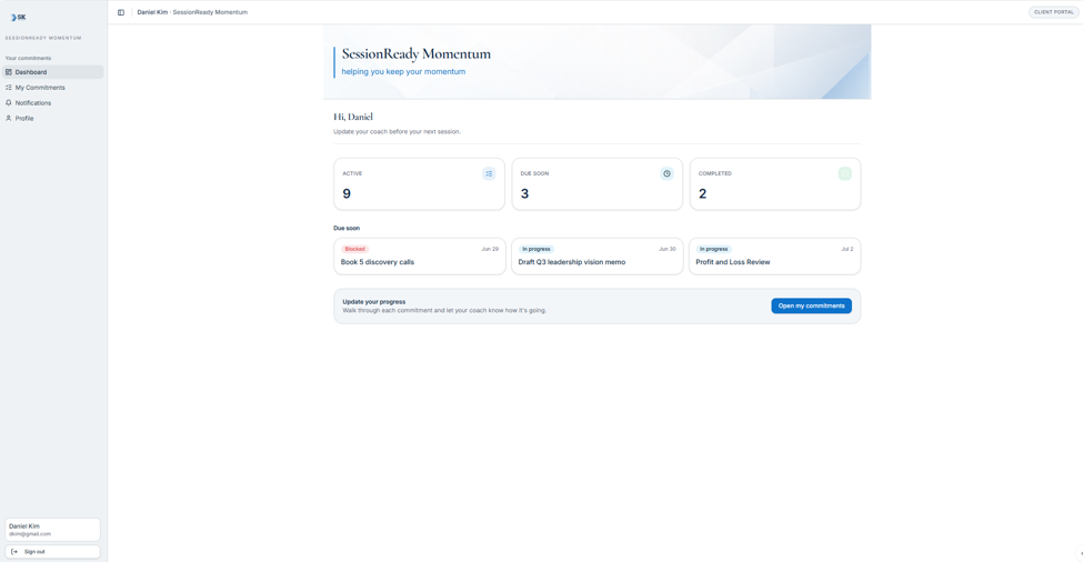 Client dashboard showing active commitments, due soon, and completed