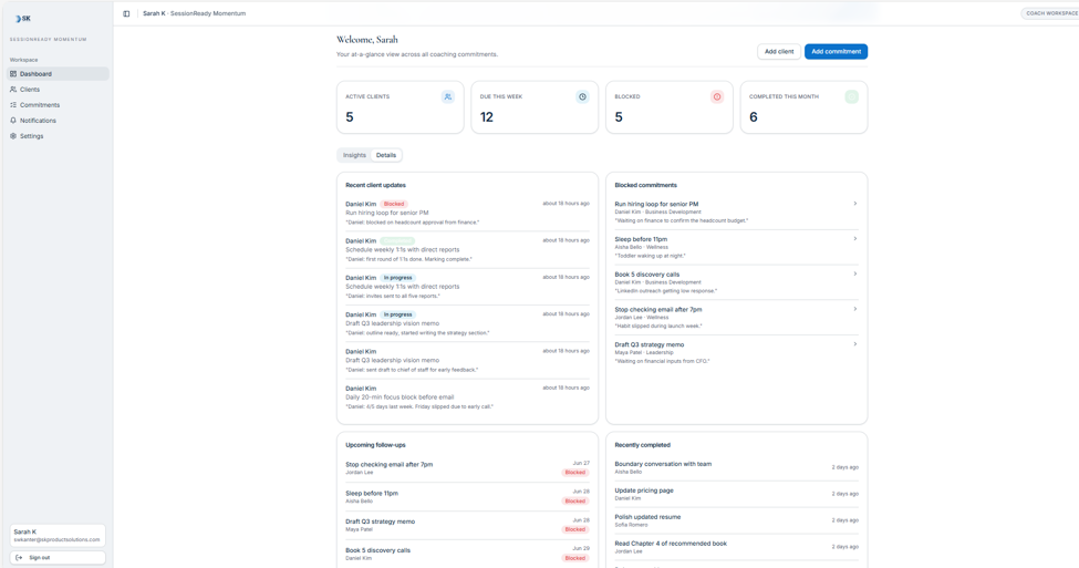 Coach dashboard showing recent client updates, blocked commitments, and upcoming follow-ups