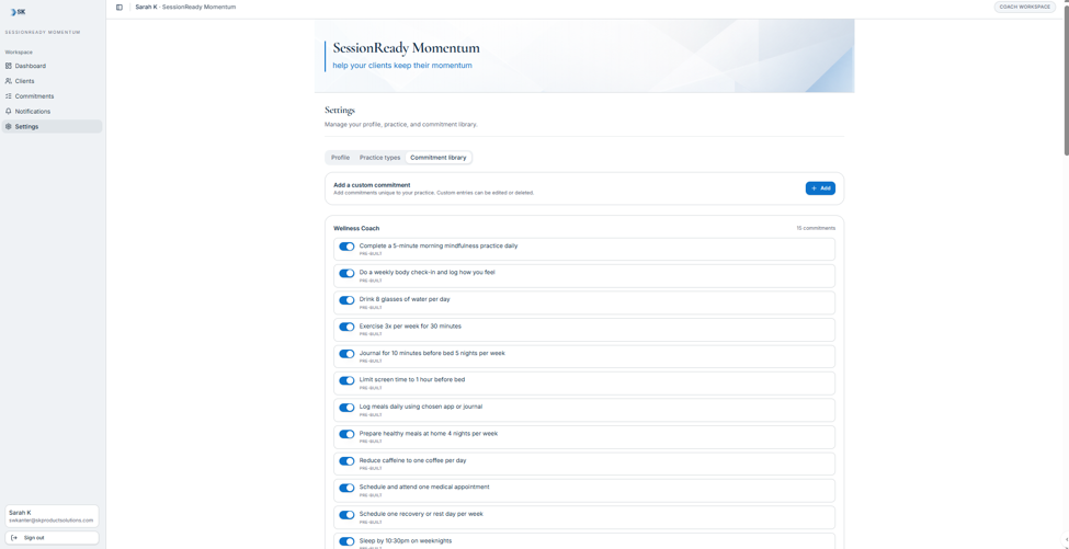 Settings showing commitment library for wellness coach with pre-built commitments